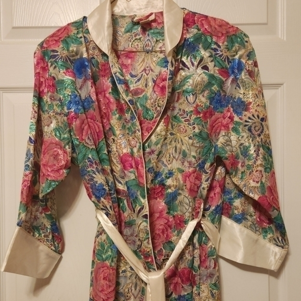 VTG VICTORIA'S SECRET Gold Label Belted Kimono Robe Floral Paisley Shimmer SZ‎ S